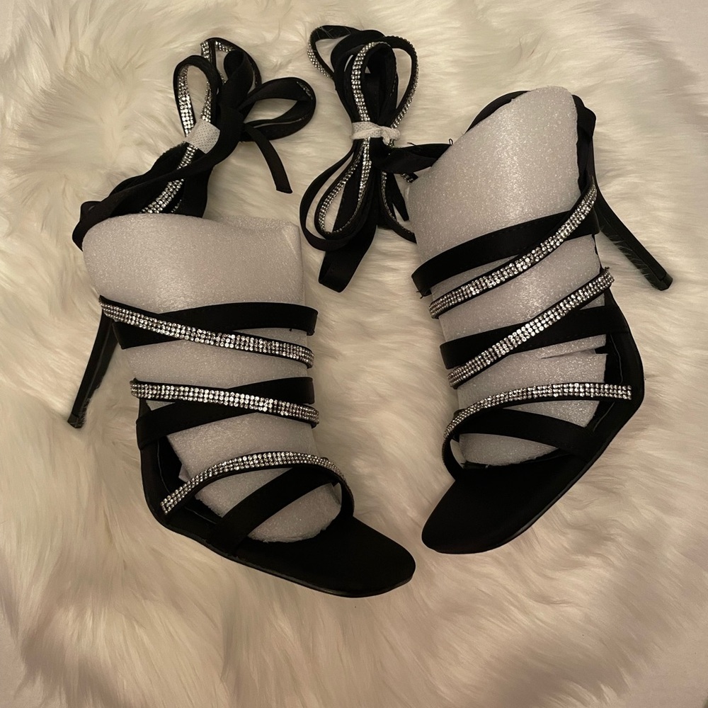 Elegant Black and Silver Strap up Rhinestone Women's Heels